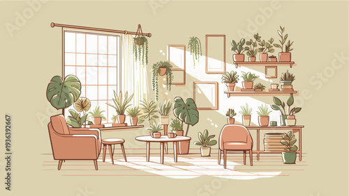 Cozy Biophilic Living Room Interior with Abundant Potted Plants and Sunlit Window for Sustainable Lifestyle and Home Decor