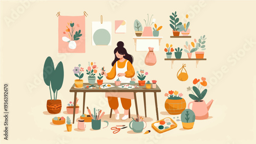 Creative Woman Enjoying Indoor Gardening and Flower Arranging Hobby in a Minimalist Studio for Slow Living Lifestyle