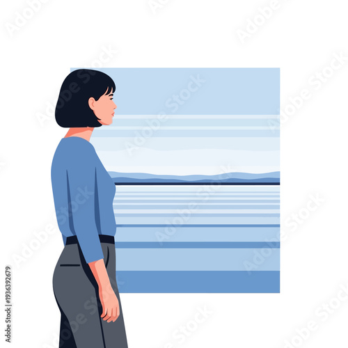 Woman looking out window at serene water landscape, calm, peaceful, contemplative mood