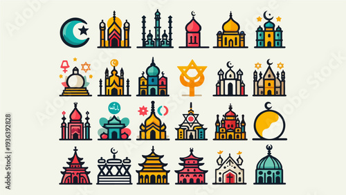Colorful Flat Design Religion Icons and Worship Place Symbols for Multicultural Educational Content and App Design