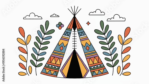 Colorful native american teepee with tribal patterns and leaves on white background