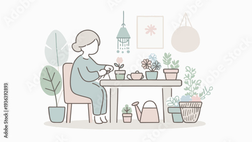 Minimalist Line Art of a Woman Gardening Indoors Surrounded by Potted Plants for Slow Living and Wellness Concept