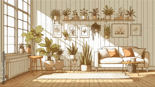 Cozy Living Room Interior Illustration with Many Potted Plants on Shelves and Sunny Window