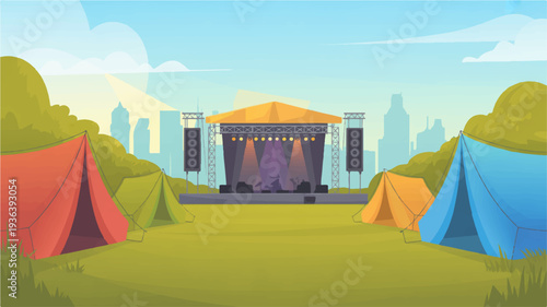 Music festival stage with tents in green field and city skyline background at daytime