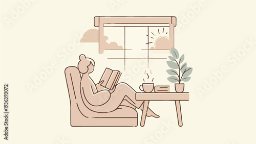 Simple Minimalist Illustration of a Woman Relaxing and Reading a Book with a Cup of Hot Drink