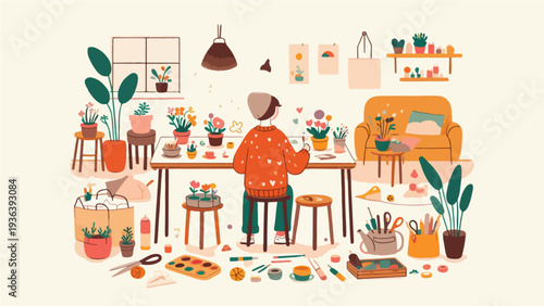 Artist Working in Creative Studio or Craft Room Filled with Plants and Art Supplies Illustration