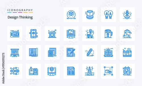 25 Design Thinking Blue icon pack. Vector icons illustration