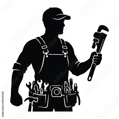 Plumber holding wrench and tool Icon Silhouette vector black design on a white background