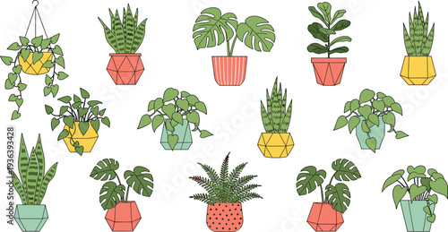 Colorful and Stylish Set of Potted Plants in Geometric Pots – Indoor Gardening and Greenery Icons