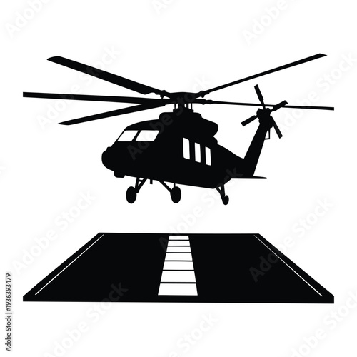 Transport Helicopter Landing Silhouette with Open Ramp Vector