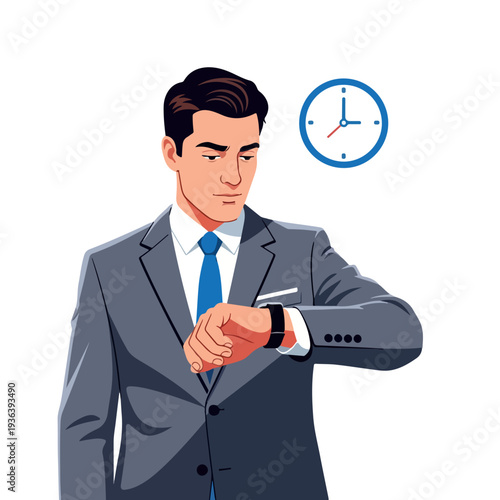 Man in Suit Checking His Watch with Clock in Background.