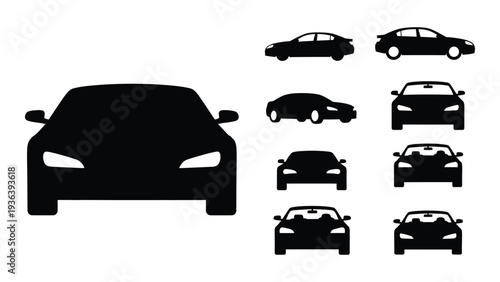 A group of car silhouettes in different views