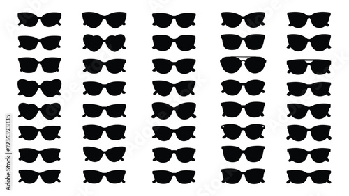 A collection of black sunglasses on a white background