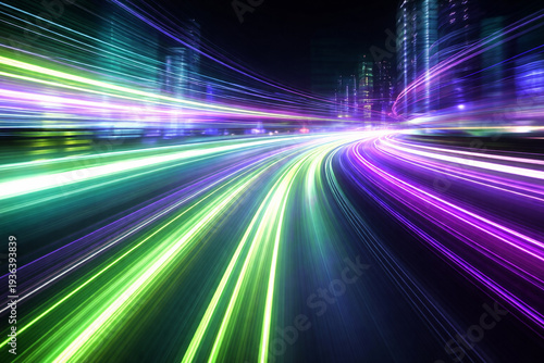 AI generated vibrant futuristic city highway with green and purple neon light trails creating dynamic motion blur and high speed energy in urban night landscape