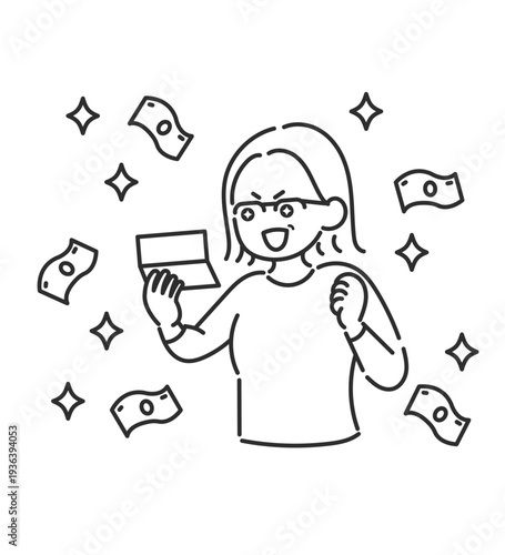 通帳を見て収入増、臨時収入に喜ぶ40代女性のイラスト　線画のみ