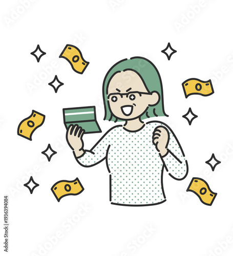 通帳を見て収入増、臨時収入に喜ぶ40代女性のイラスト