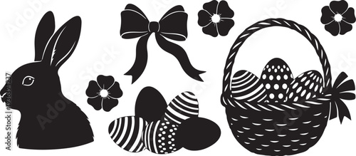 Easter bunny and eggs in a basket illustration set