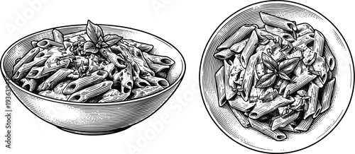Penne pasta with basil in ceramic bowl seen from top and side perspective views