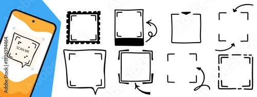 Organic hand drawn borders with scan now icons and CTA elements. Ideal for modern technology labels, discount tags and creative mobile information boxes.