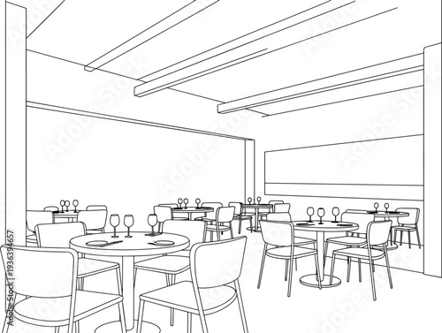 Restaurant Interior Line Drawing Dining Tables and Chairs Setup for Service