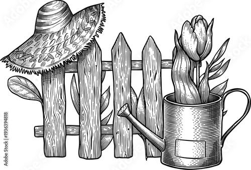 Vintage garden scene with straw hat, tulips, watering can and wooden fence