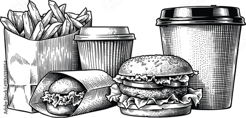 Fast food burger fries and drinks vintage engraving style