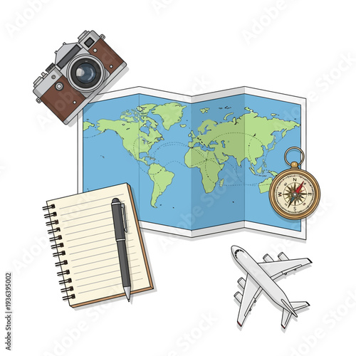 Travel planning: Map, camera, notebook, compass, airplane, white background