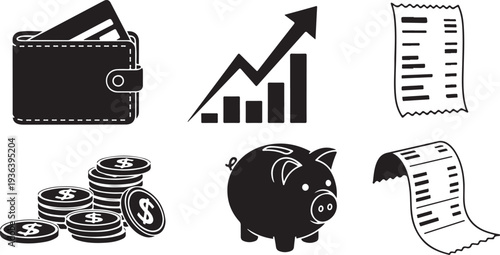 Financial icons including wallet, coins, and piggy bank savings