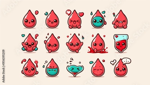 Collection of Cute Blood Drop Mascots with Different Activities and Emotions in Cartoon Style