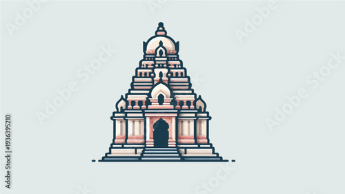 Traditional Hindu Temple Building Illustration with Intricate Architecture in Flat Vector Style