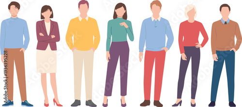 Bundle of diverse young people wearing casual urban streetwear outfits in minimalist flat vector illustration and black line art style on white background