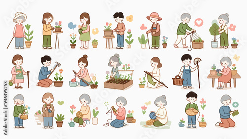 Set of Cute People Characters Engaging in Gardening and Knitting Hobbies in Hand Drawn Style