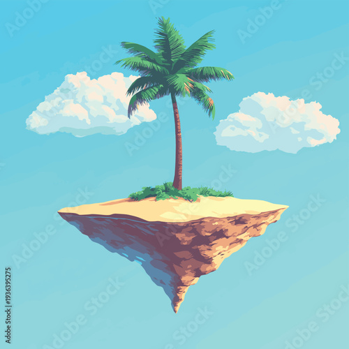Floating island sand palm tree cloud blue sky minimal surreal dreamy , vector style simple color