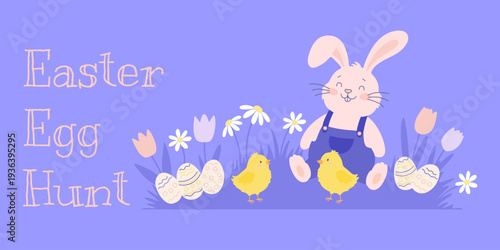 Easter egg hunt text with cute bunny, chicks, and decorated eggs among spring flowers. Festive spring holiday illustration banner design.