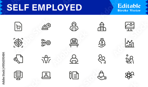 Self-Employed Line Icon Collection Featuring Clean Minimal and Professional Editable Icons Ideal for Freelance Business and Solo Workers