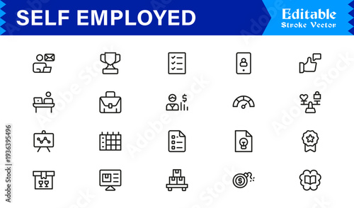 Self-Employed Line Icon Collection Featuring Clean Minimal and Professional Editable Icons Ideal for Freelance Business and Solo Workers