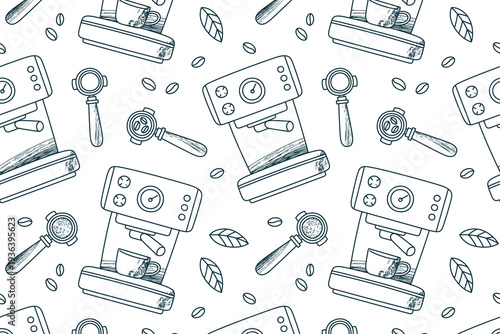 Black and white seamless pattern with espresso machines, portafilters and coffee beans. Hand drawn doodle illustration. Coffee brewing equipment background for cafe design, packaging, menus