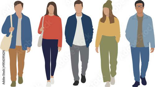 Diverse group of young people walking together in flat vector style wearing casual autumn clothing with tote bags isolated on white background for lifestyle concepts