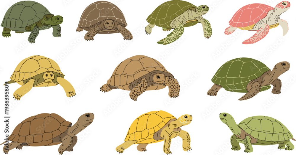 Fototapeta premium Realistic turtle and sea turtle collection detailed vector illustration set isolated on white background reptile wildlife animal bundle