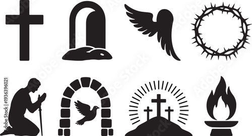 Easter day symbols and icons cross crown of thorns angel and resurrection