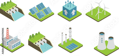 Renewable and conventional power generation set with hydro dam solar panels wind turbines thermal and nuclear plant isometric energy industry icons collection