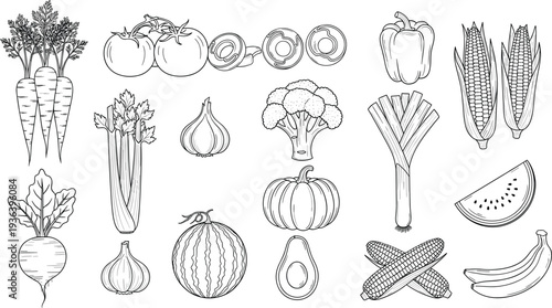 Hand-Drawn Vector Set of Fresh Vegetables and Fruits – Carrot, Tomato, Corn, Avocado, and More