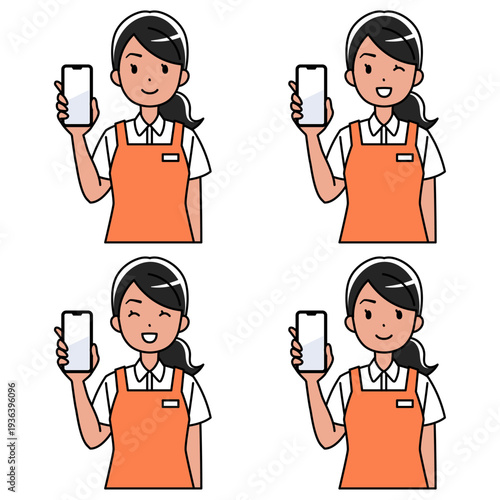 笑顔でスマホを見せるエプロン姿の東南アジア系女性のイラスト