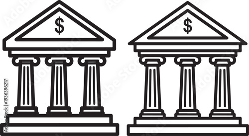 Stylized black and white vector illustration of two classical Greek-style bank buildings with columns and dollar signs in the pediments. Business and finance concept graphic.