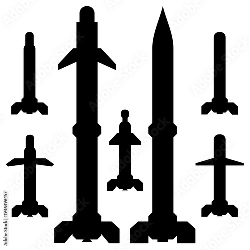 Air Defense Rocket Missile Weapon Icon Silhouette Set. weapon and ammunition anti tank, ship, anti drone vertical view.