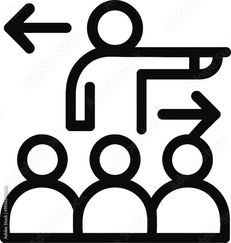 Leadership icon depicting one person guiding a group of three individuals forward