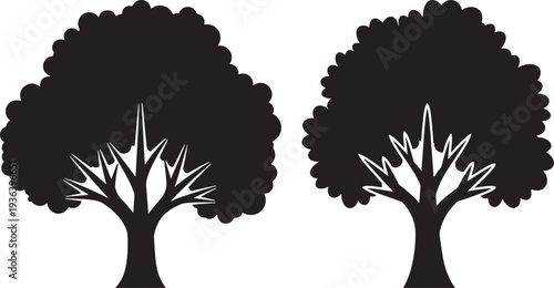 Black and white silhouette vector illustration of two stylized trees with full, rounded canopies and branching trunks. Nature, growth, or environmental icon set.
