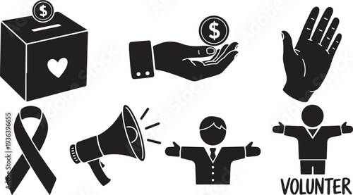 Volunteer icons for charity and donation concepts and causes