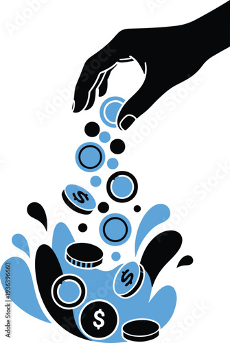 Hand of Wealth: A symbolic representation of financial investment and wealth creation. The image captures the pouring of coins into a pool, conveying concepts of investment, returns, and prosperity.