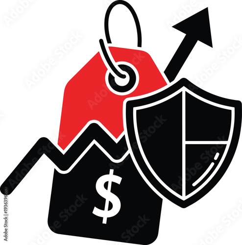 Pricing Strategy and Protection: Illustrative representation, showcasing rising price trend with shield, symbolizing financial security and value protection. 
